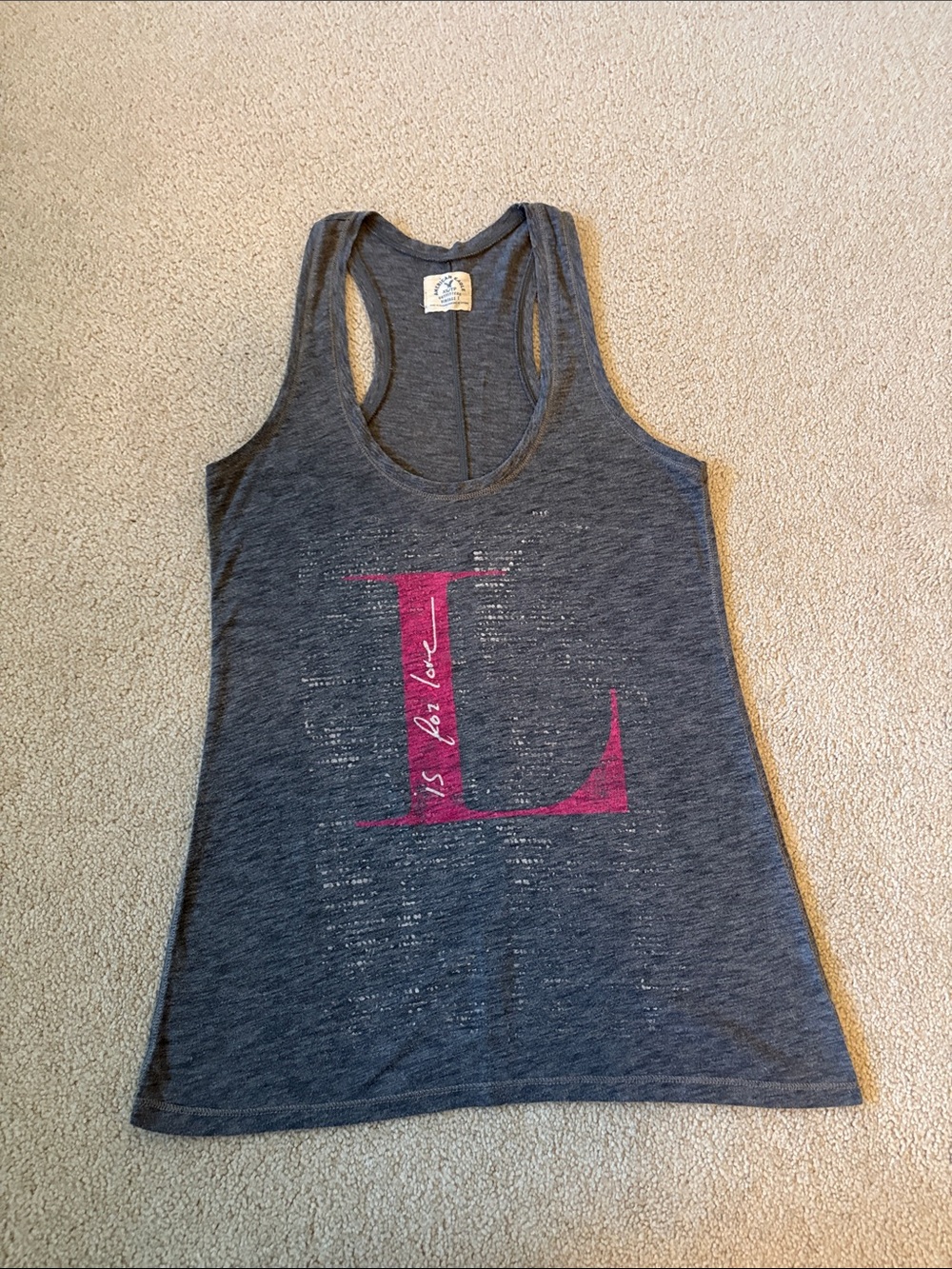 American Eagle Women’s Gray Distressed Racerback Tank Top with Pink Lettering